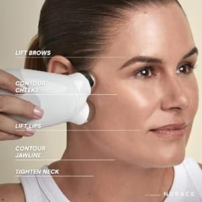 Lady demonstrating the Nuface Trinity lifting device  Best Skin Care Devices