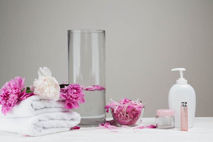 towel, flowers and product bottles - Shower Gel vs. Body Wash