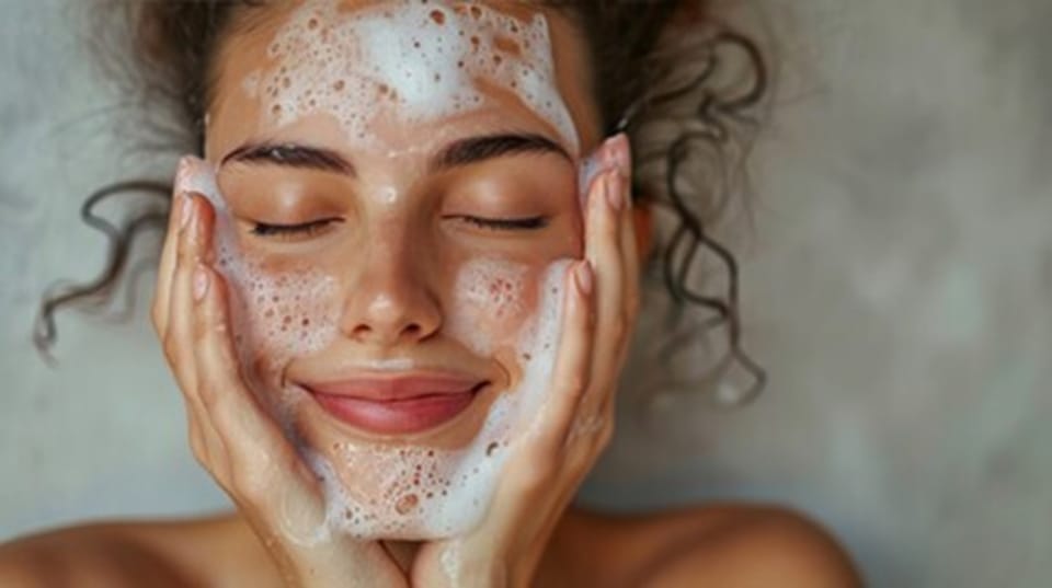 Smiling young woman washing foam face by natural foamy gel. 